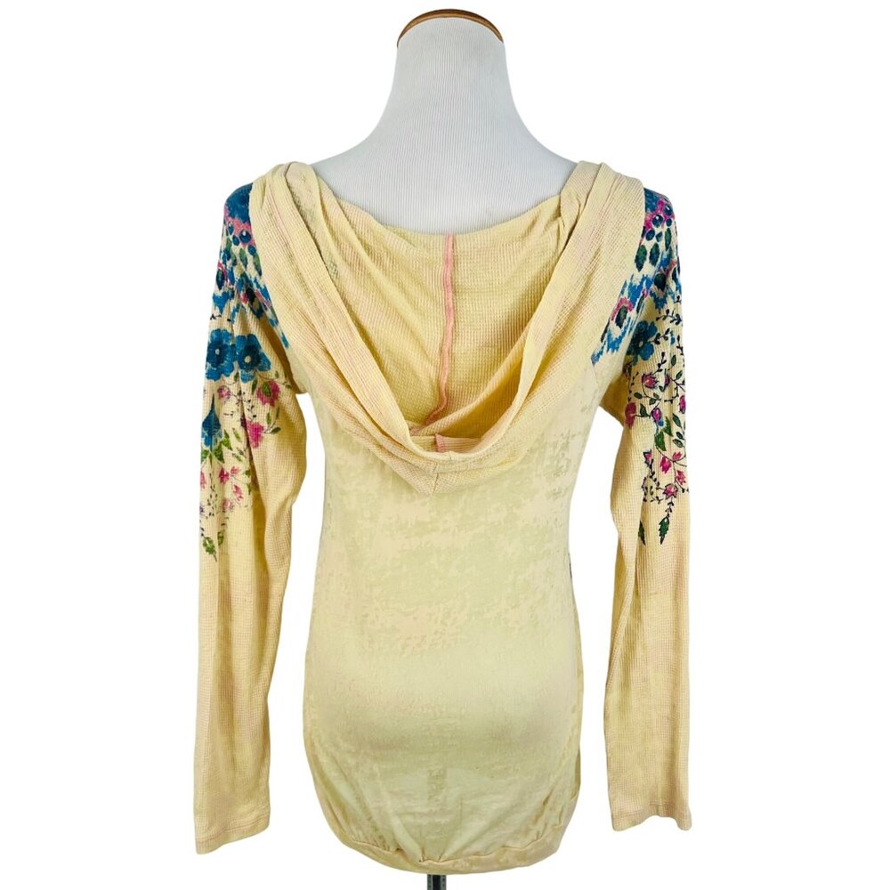 Vintage Free People Floral Boho Pullover Burnout Henley Hoodie Long Sleeve Top - Picture 12 of 16